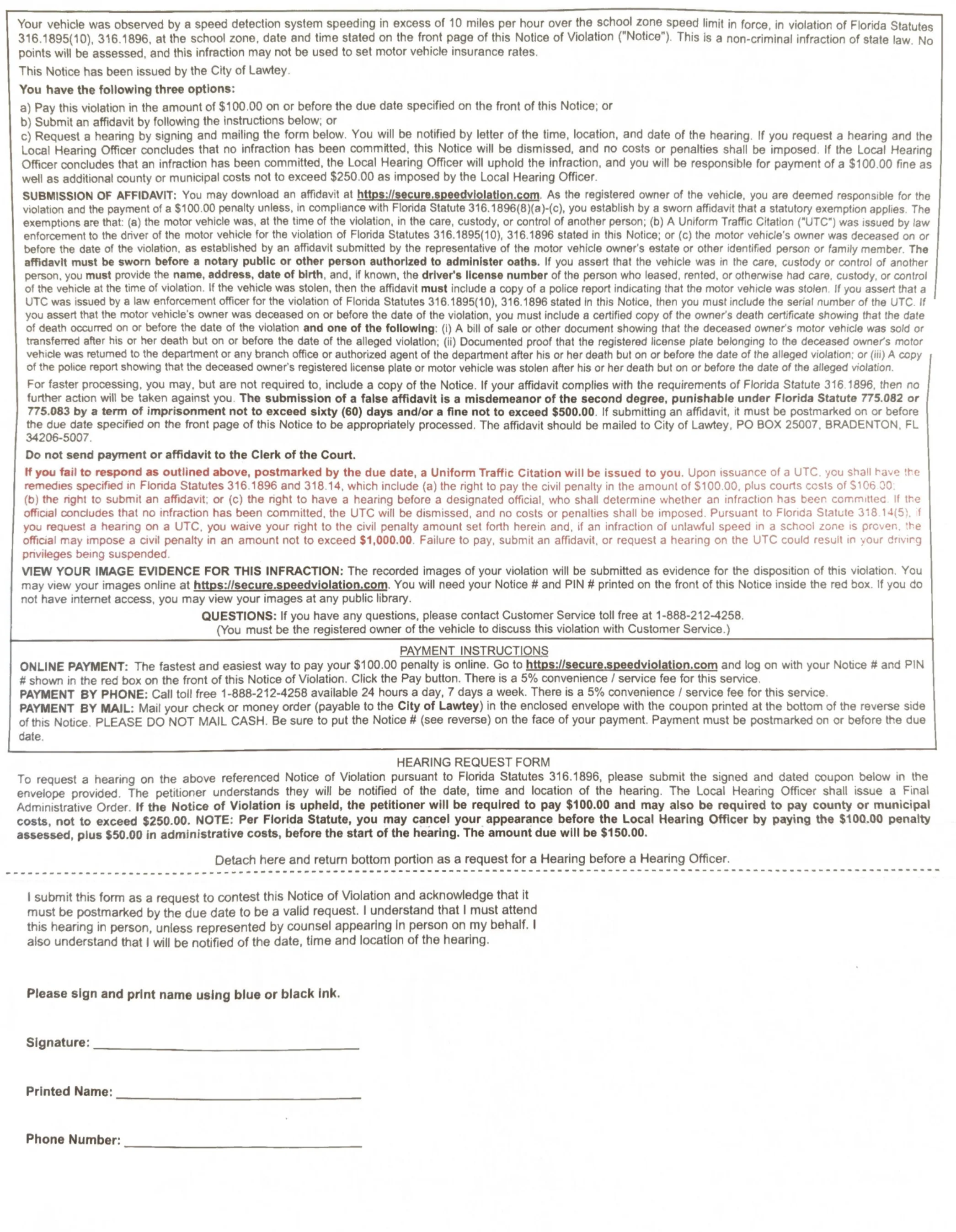Back of City of Lawtey Notice of Violation showing $100 payment option and hearing costs not to exceed $250